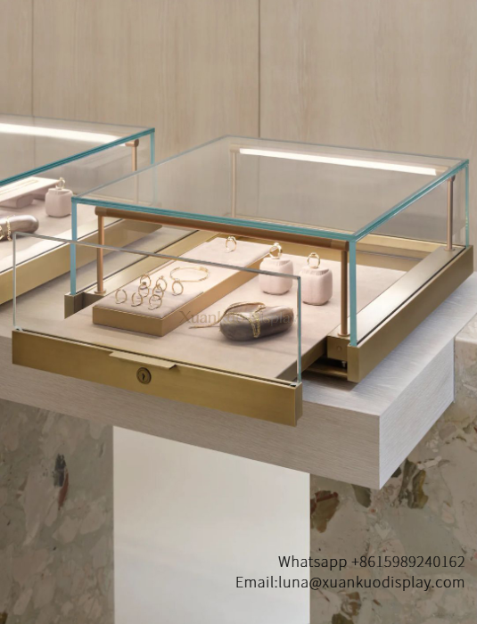 Tabletop Jewelry Display Case Square With LED Light & Lock Drawer