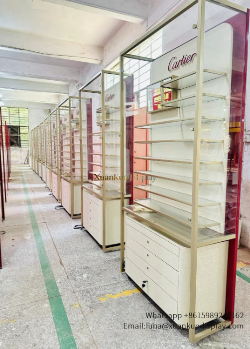 jewellery shop interior design Vietnam gold stainless steel optical display cabinet tempered glass acrylic logo multi drawer storage eyewear shop