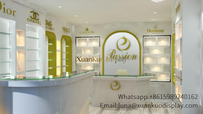 glass jewellery display cabinets gold trim glass perfume display wall shelves arched frame cosmetic boutique