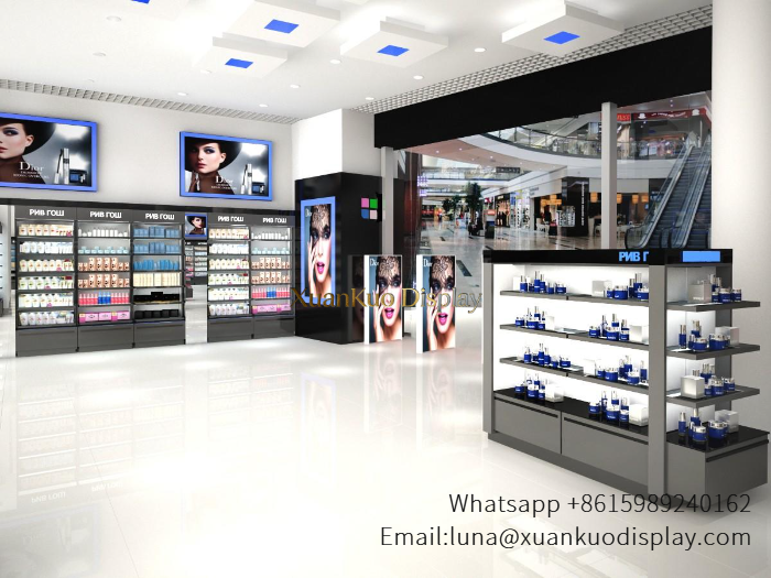 glass jewellery display cabinets grey frame custom skincare wall display shelves cosmetic retail store