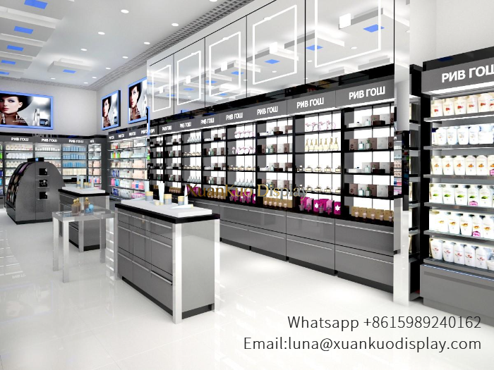 Custom Skincare Display Grey White Wall & Drawer Trial Counter Fixture For Commercial Cosmetic Retail Shop