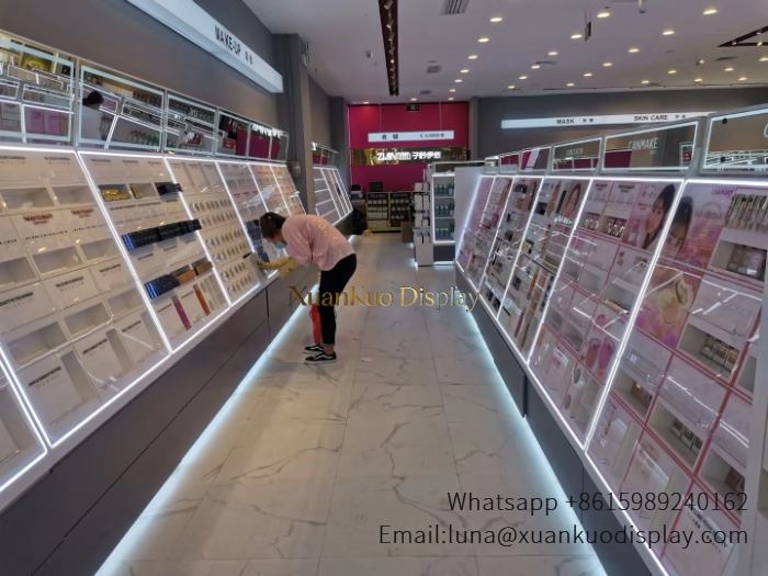 jewellery shop interior design Vietnam led cosmetic shop design multi zone makeup display wall furniture