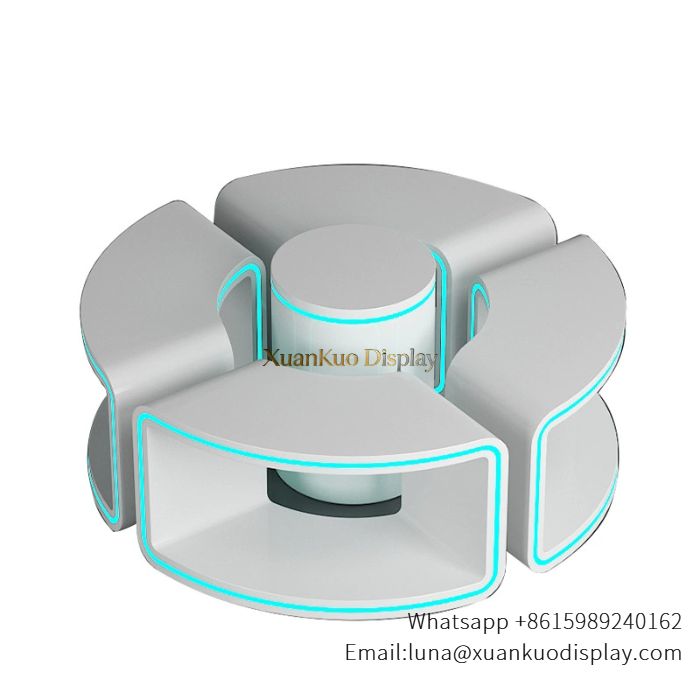 led curved electronics display island for drone gaming retail shop