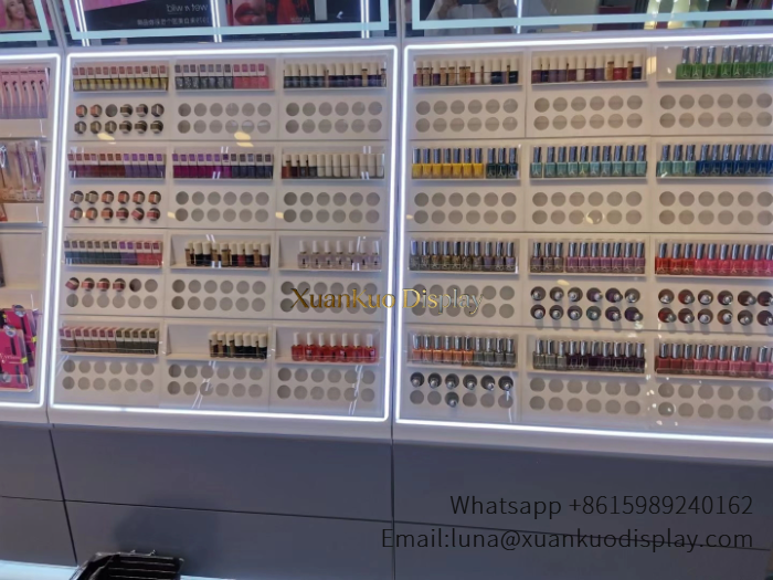 jewellery shop interior design Vietnam led makeup display wall grid shelf cosmetic retail store