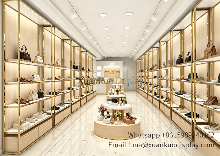 Shoe Display Wall Shelves & Round Stepped Central Island light luxury shoe handbag boutique display furniture gold frame wall rack