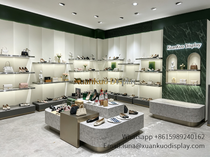 jewellery shop interior design Vietnam light luxury women shoe shop display furniture wall shelves and central island1