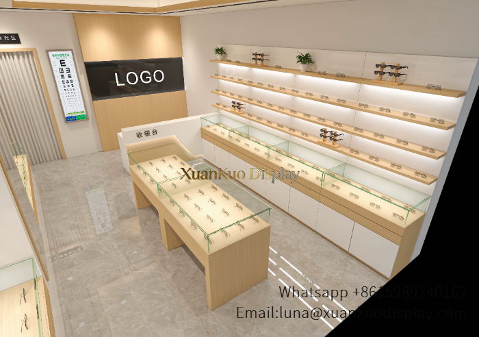 Wooden Optical Shop Cabinet Light Natural Wood Backlit Eyewear Display Fixture For Community Optical Store light natural wood optical shop cabinet backlit floating wall shelves glass central trial counter