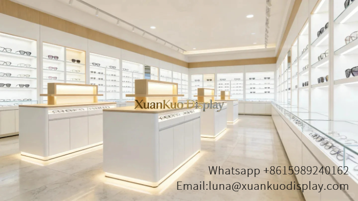 Optical Store Interior Design Light Wood White Backlit Eyewear Display Fixture For Mall Optical Boutique
