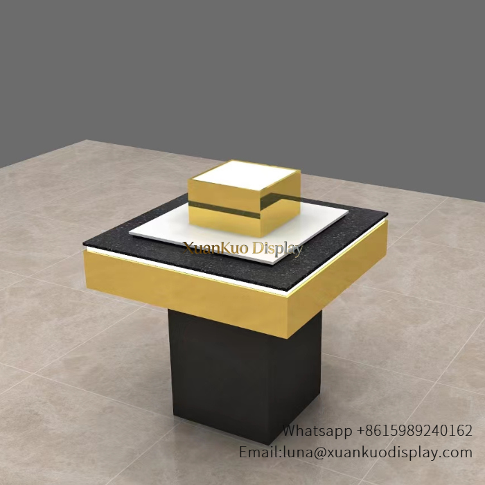 Perfume Showcase Counter Black Marble Square Stainless Steel Edge Tiered LED Demo Stand For Luxury Fragrance Boutique luxury black marble perfume showcase counter metal frame led display block