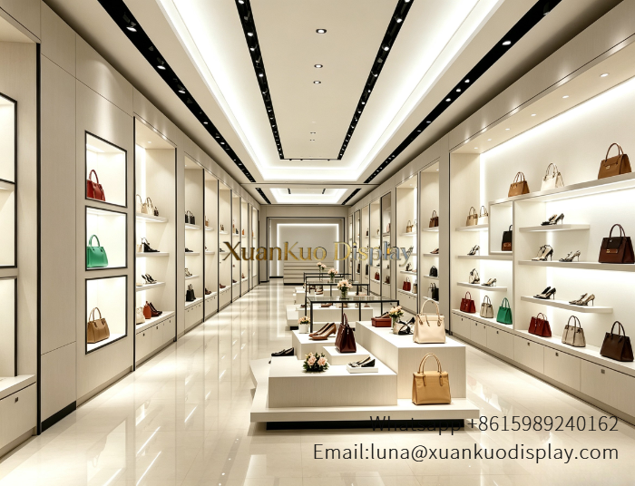 luxury handbag shop display furniture illuminated wall cabinet and stepped island