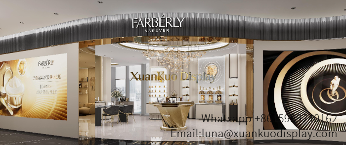 Perfume Store Design Cream Gold Luxury Full Set Display Furniture With Golden Central Island For Premium Fragrance Boutique luxury perfume boutique perfume store design project