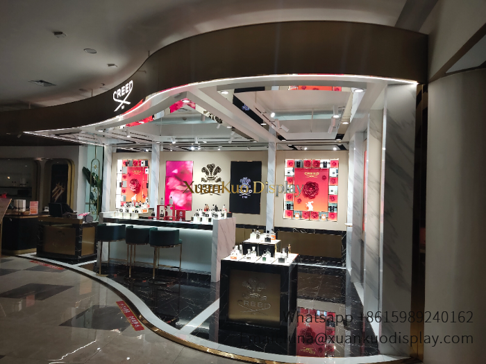 luxury red gold fragrance display set marble perfume boutique mall booth