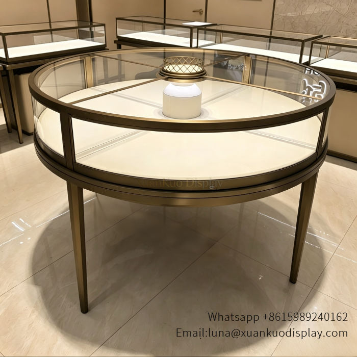 Round Jewelry Display Counter Luxury Circular Gold Frame Glass Showcase With Central LED Light For Jewellery Showroom