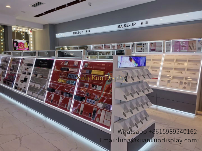 glass jewellery display cabinets makeup display led wall showcase beauty booth