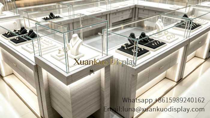 Mall Kiosk Wood Grain Glass LED Jewellery Retail Booth