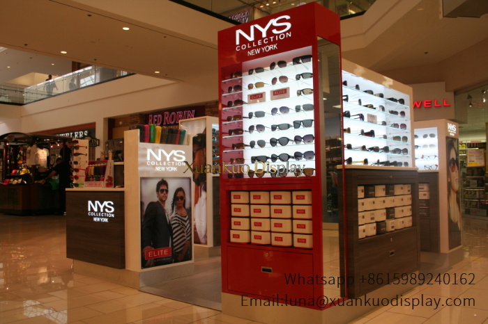 mall optical kiosk backlit slotted sunglasses display with advertising light boxes