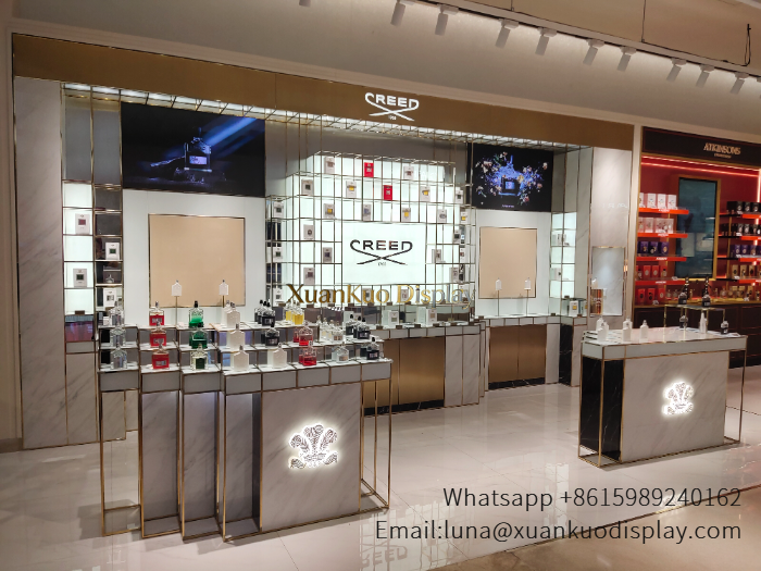 glass jewellery display cabinets marble gold metal perfume wall display cabinet for luxury fragrance mall kiosk