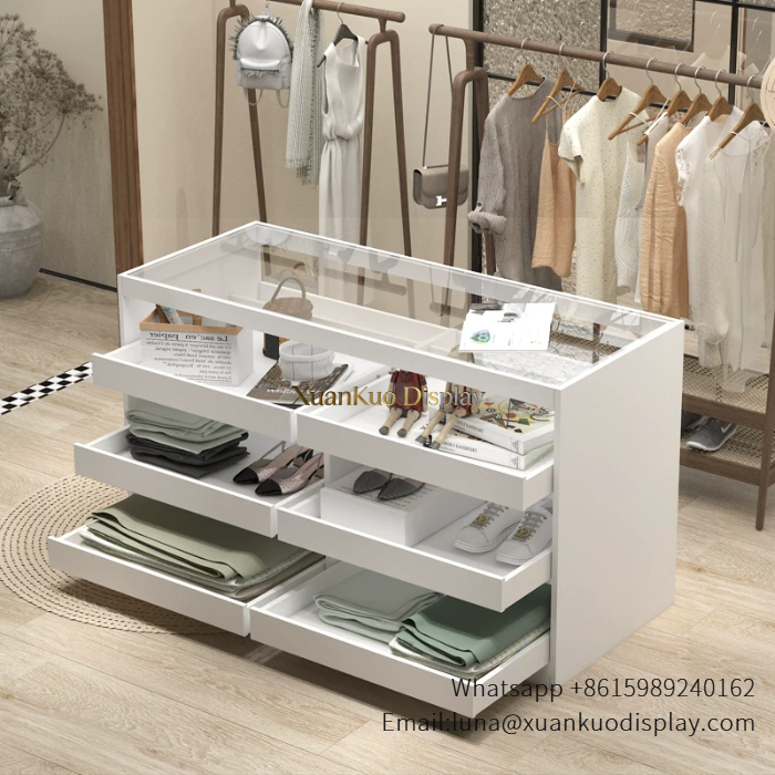 Custom Clothing Display  White Multi-Drawer Glass Top Display Island For Women Fashion Apparel Boutique