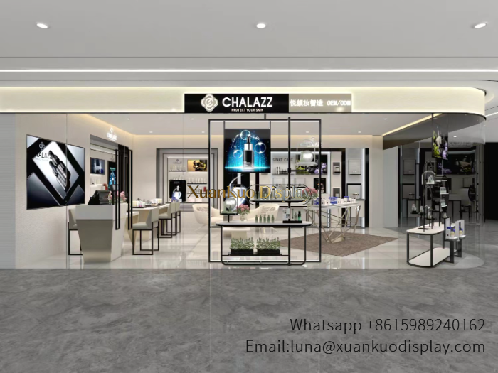 minimalist cosmetic store design full display furniture skincare boutique showroom