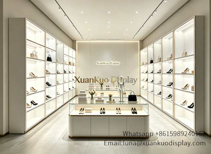 Shoe Display Shelves For Women Footwear Boutique minimalist illuminated wall shoe display shelves for women footwear shop