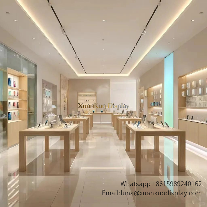 Cell Phone Store Interior Design Minimalist Light Wood Full Set Display Furniture For Brand Electronics Flagship Shop minimalist light wood cell phone store interior design full set smartphone display tables wall led display cabinets