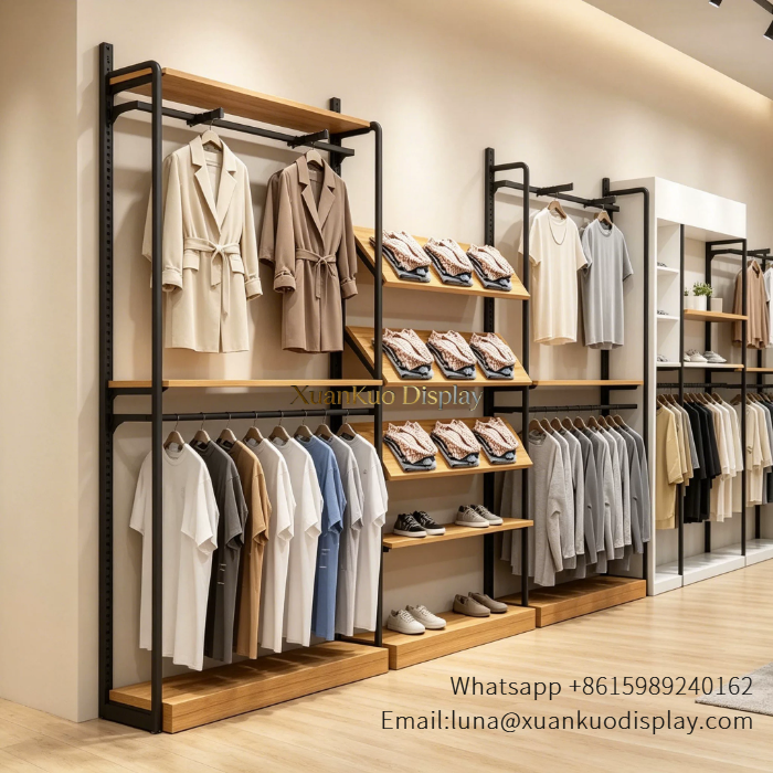 glass jewellery display cabinets minimalist metal wood garment display rack for casual clothing shop