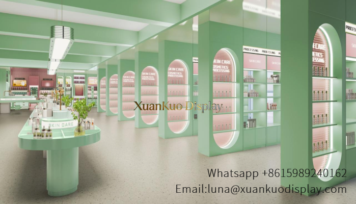 mint green arched led perfume display cabinet full skincare cosmetics store interior design