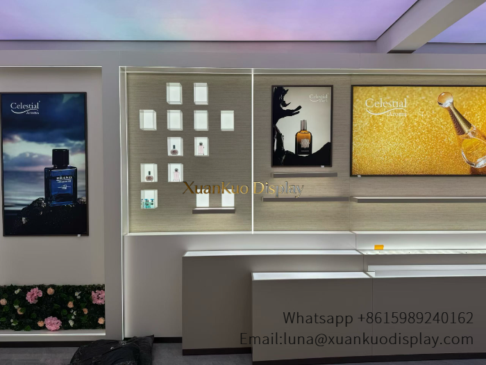 modern cream white skincare store design full display furniture led wall shelves for beauty boutique