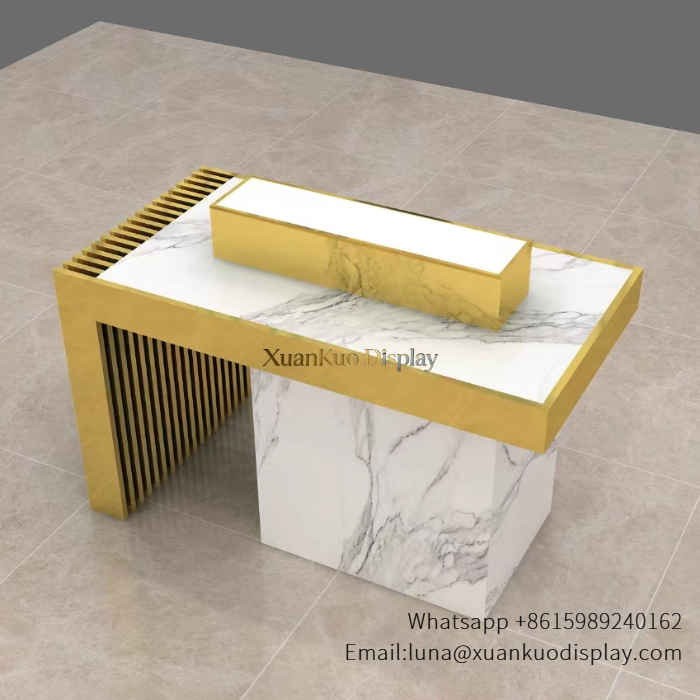 Custom Perfume Showcase Luxury White Marble Stainless Steel Frame Fragrance Demo Display Counter For Boutique modern custom perfume showcase for luxury fragrance boutique