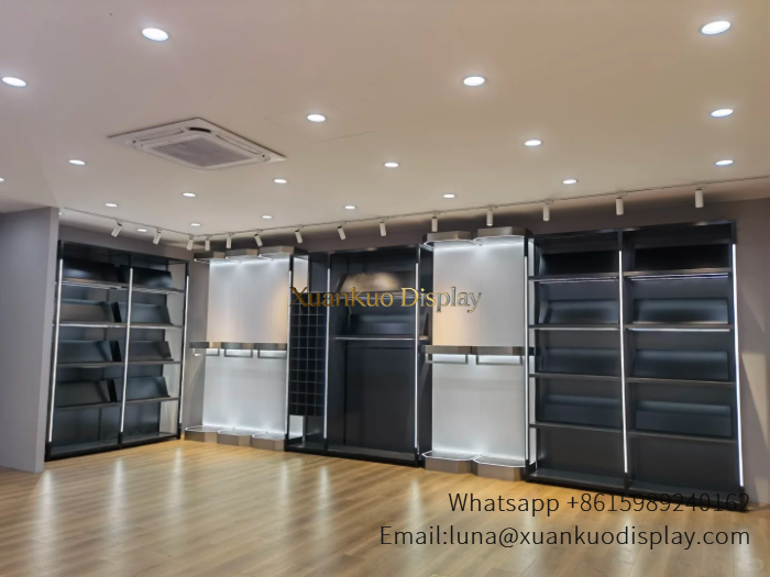 modern dark metal clothing wall display cabinet with led light for apparel store