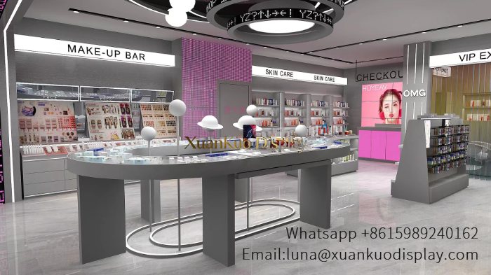 Cosmetic Display Cabinet – Modern Grey Curved Island Counter Full Makeup Bar Wall LED Showcase For Beauty Retail Shop