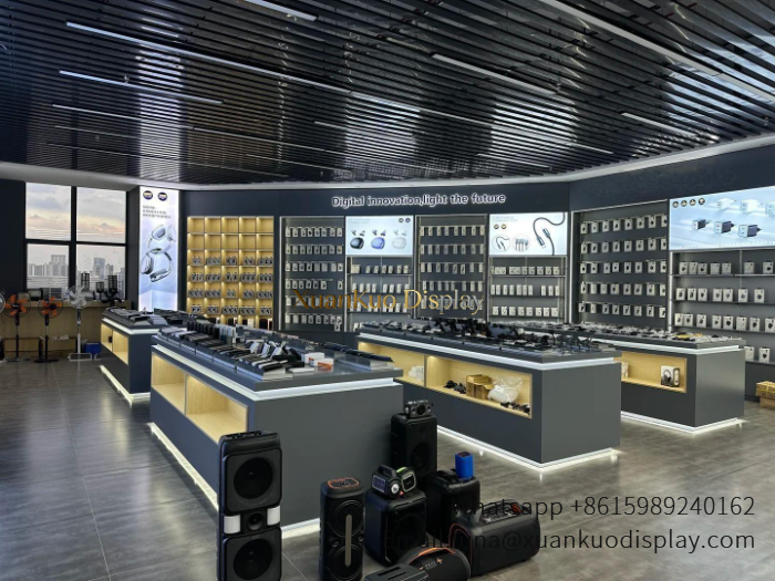 Phone Accessories Store Modern Grey Wood Full Set LED Display Furniture For Electronics Accessory Retail Shop