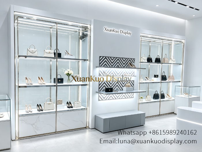 modern illuminated glass luxury handbag showcase for leather goods shop