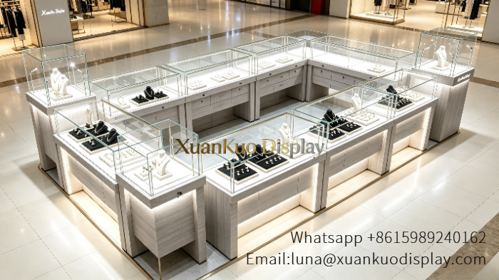 modern jewellery mall kiosk light wood glass showcase stall
