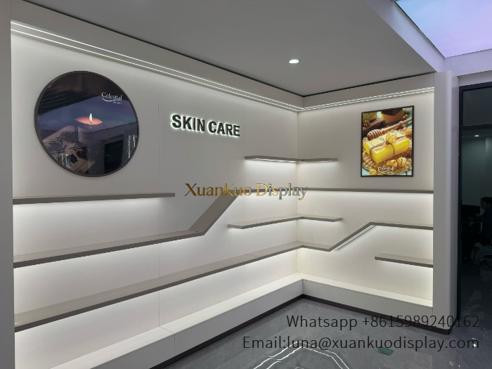 glass jewellery display cabinets modern led skincare shop furniture wall display shelves for beauty retail store