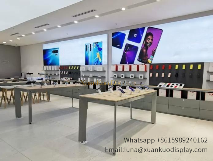 glass jewellery display cabinets modern phone shop furniture set wood top smartphone display tables wall accessory shelves led advertising wall