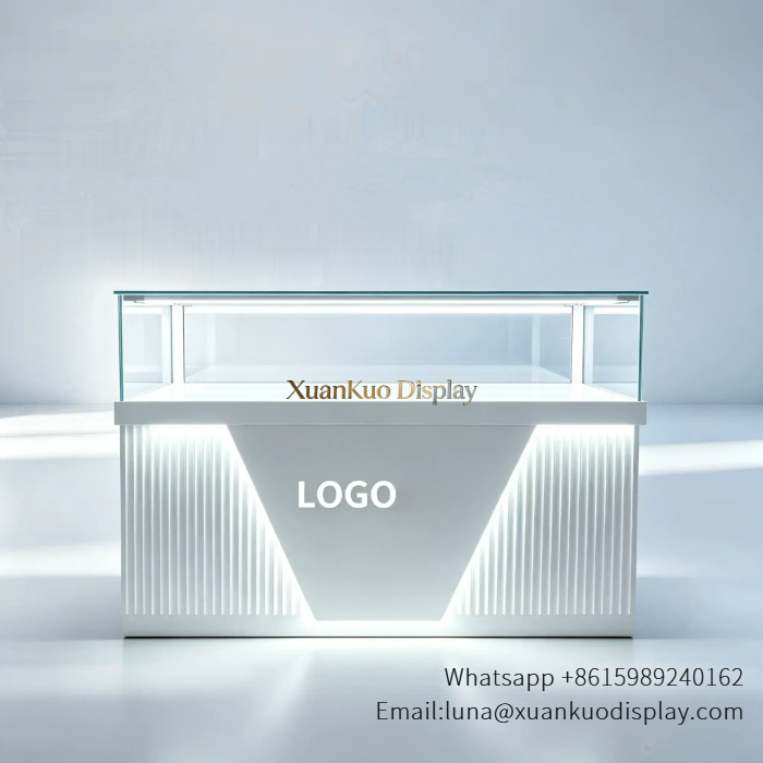 jewellery shop interior design Vietnam modern white cell phone display showcase with front led light logo emboss glass top counter