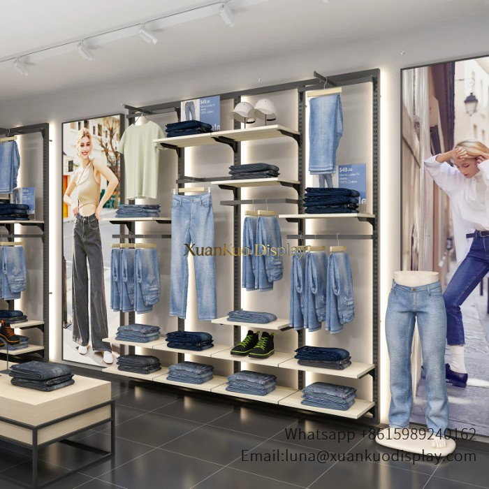 glass jewellery display cabinets modular apparel display furniture for casual denim clothing shop