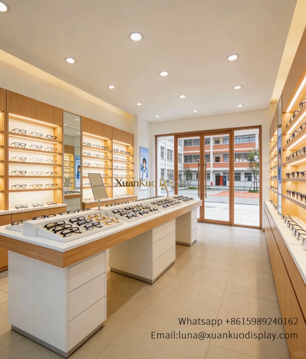 jewellery shop interior design Vietnam natural light wood custom optical display furniture backlit wall cabinet multi drawer central trial counter