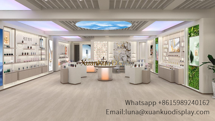 glass jewellery display cabinets neutral tone fragrance display furniture full perfume shop interior fit out with led display counter