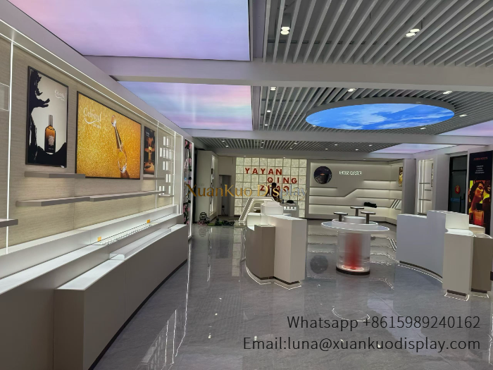 Skincare Store Design Neutral Cream Luxury Full LED Display Furniture With Transparent Cylindrical Central Island For Premium Beauty Boutique