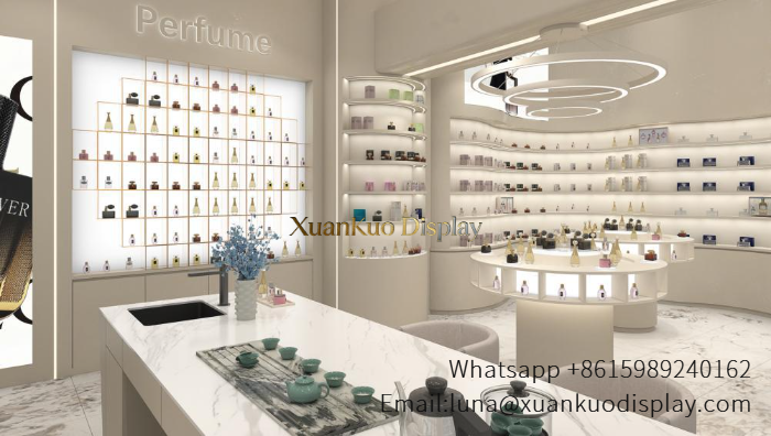 glass jewellery display cabinets neutral tone perfume shop furniture full set led wall display cabinets fragrance retail interior