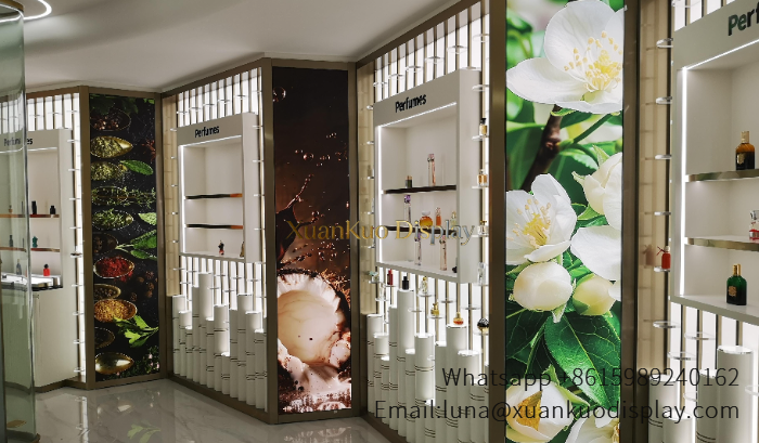 glass jewellery display cabinets neutral tone perfume store design full display furniture gold fragrance boutique fit out