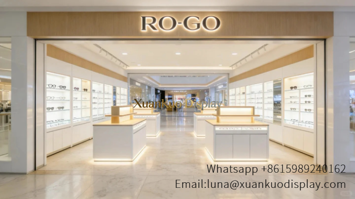Optical Store Interior Design Light Wood White Backlit Eyewear Display Fixture For Mall Optical Boutique optical store interior design wood white eyewear display