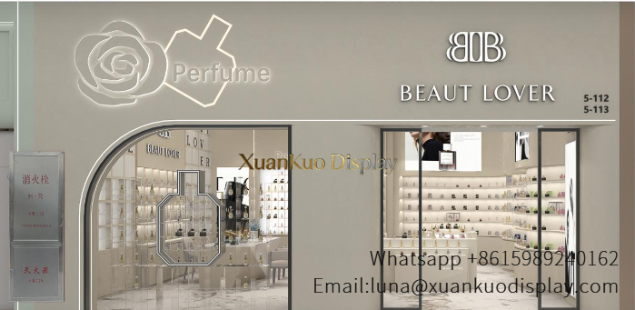 perfume bottle display wall stand with backlit sign