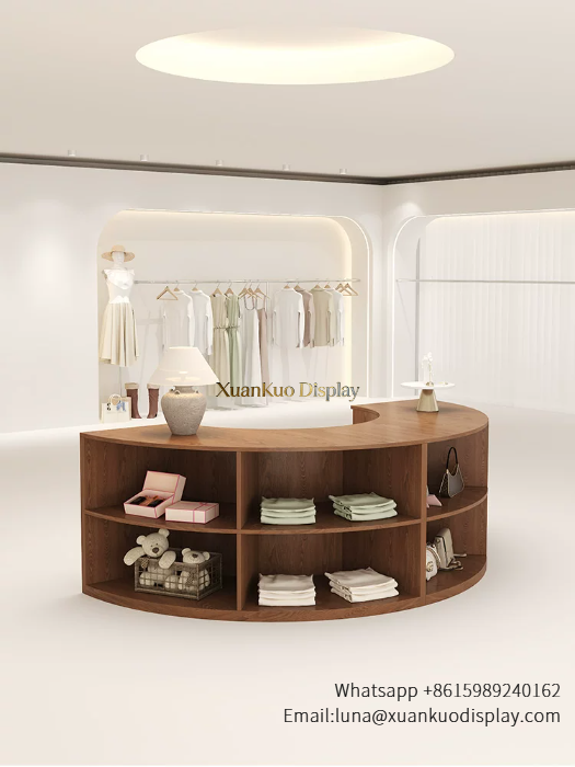 semi curved wood grain clothing island display open shelving central apparel counter for women boutique