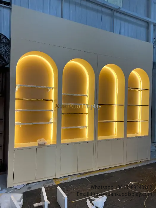 shoe shop furniture arched wall display cabinet gold shelving