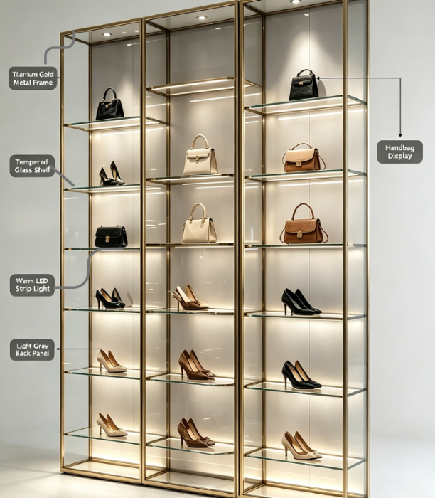Jewelry 20260503 titanium gold metal frame shoes display cabinet, vertical freestanding glass showcase, multi-layer tempered glass shelves, built-in warm LED strip light, light gray back panel, retail display case for high heels, handbags and leather goods boutique