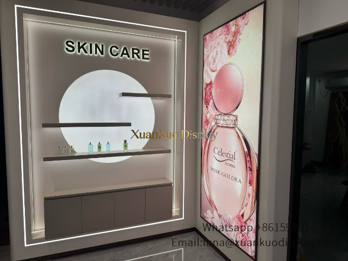 Skincare Shop Furniture Cream White LED Backlit Wall Display Shelves With Gradient Light Pillar For Cosmetic Boutique skincare boutique wall display furniture with led light