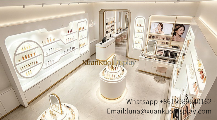 Skincare Store Design White Gold Recessed LED Display Wall Fixture For Luxury Beauty Boutique skincare store design white led display wall
